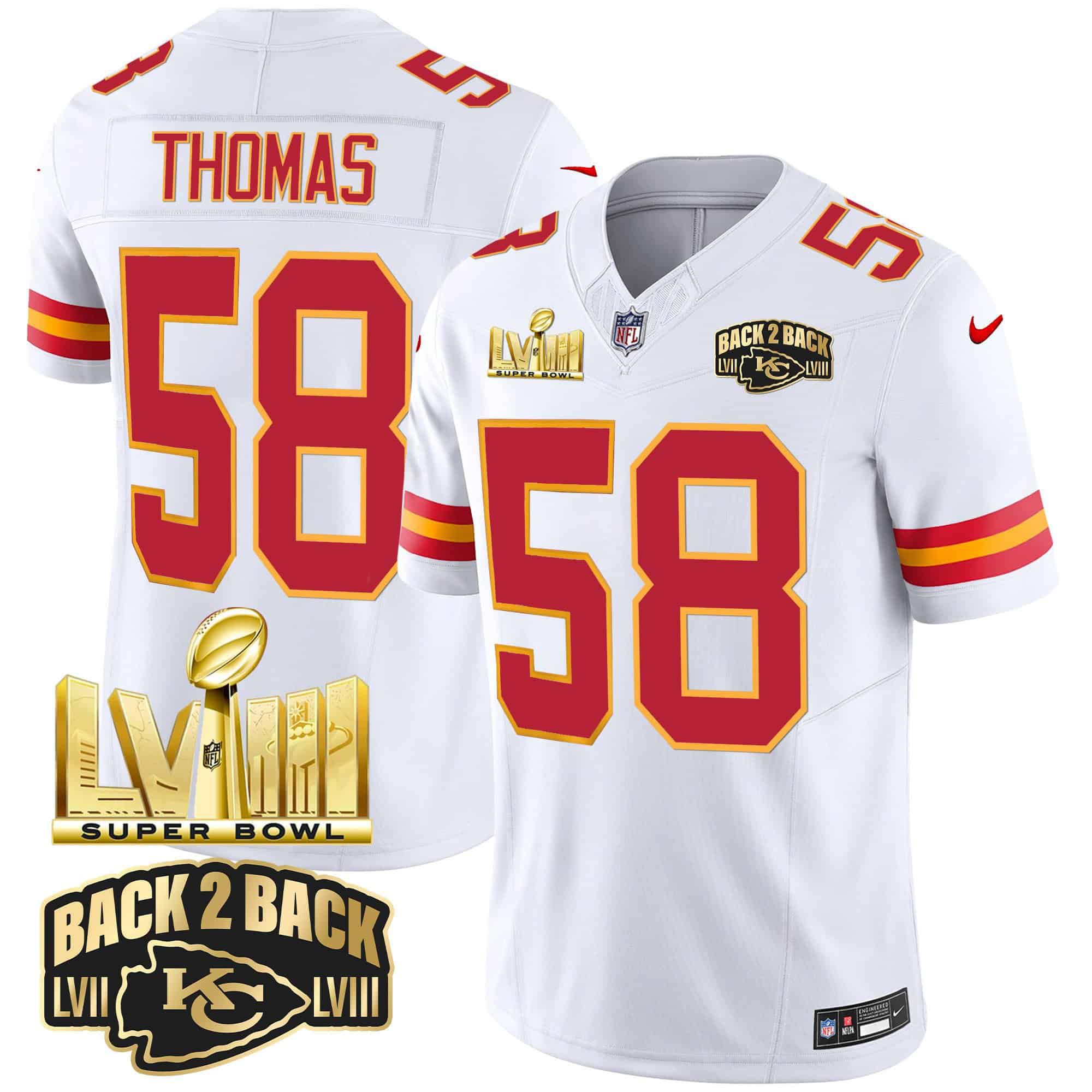 Men Kansas City Chiefs #58 Thomas White 2024 Nike Super Bowl LVIII & Back-2-Back Gold Patch Vapor NFL Jersey